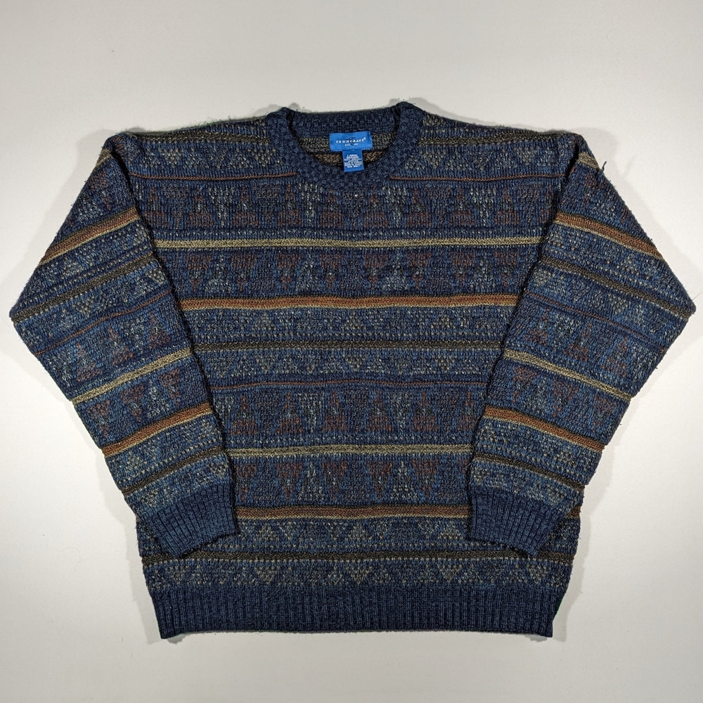 Vintage 90s Town Craft Sweater Men's Size Large Abstract Pullover Blue